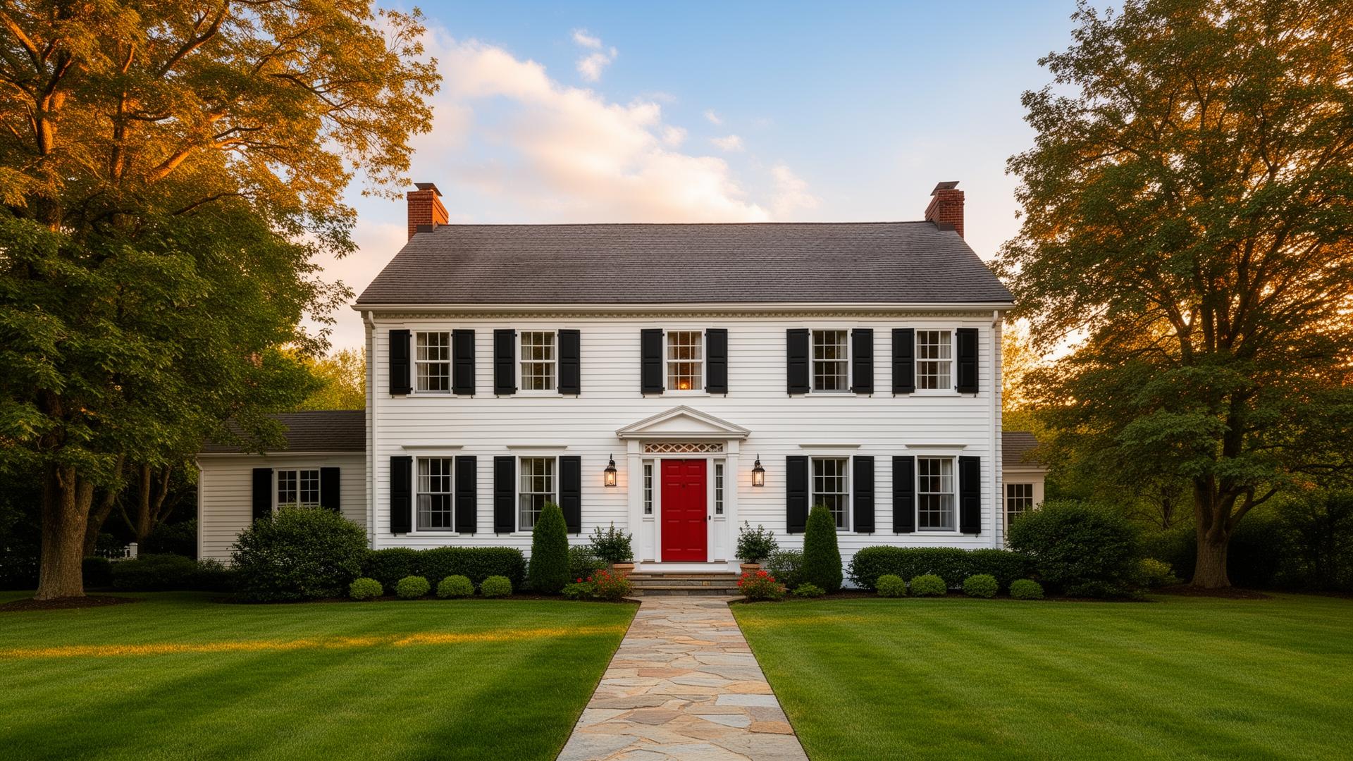 A classic white colonial home with black shutters and a red front door at golden hour